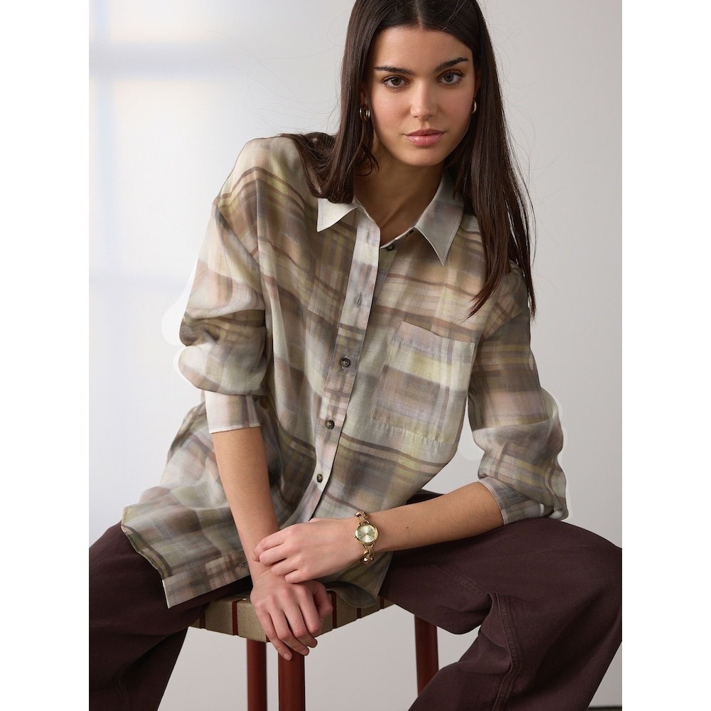NEXT Women Sheer Plaid‎ Button Down Blouse Tencel Blend Olive Tan US 14 NEW